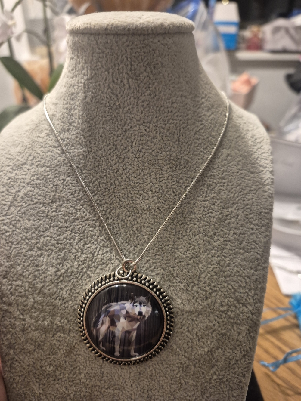 Geometric Wolf Pendant Necklace - Silver Tone